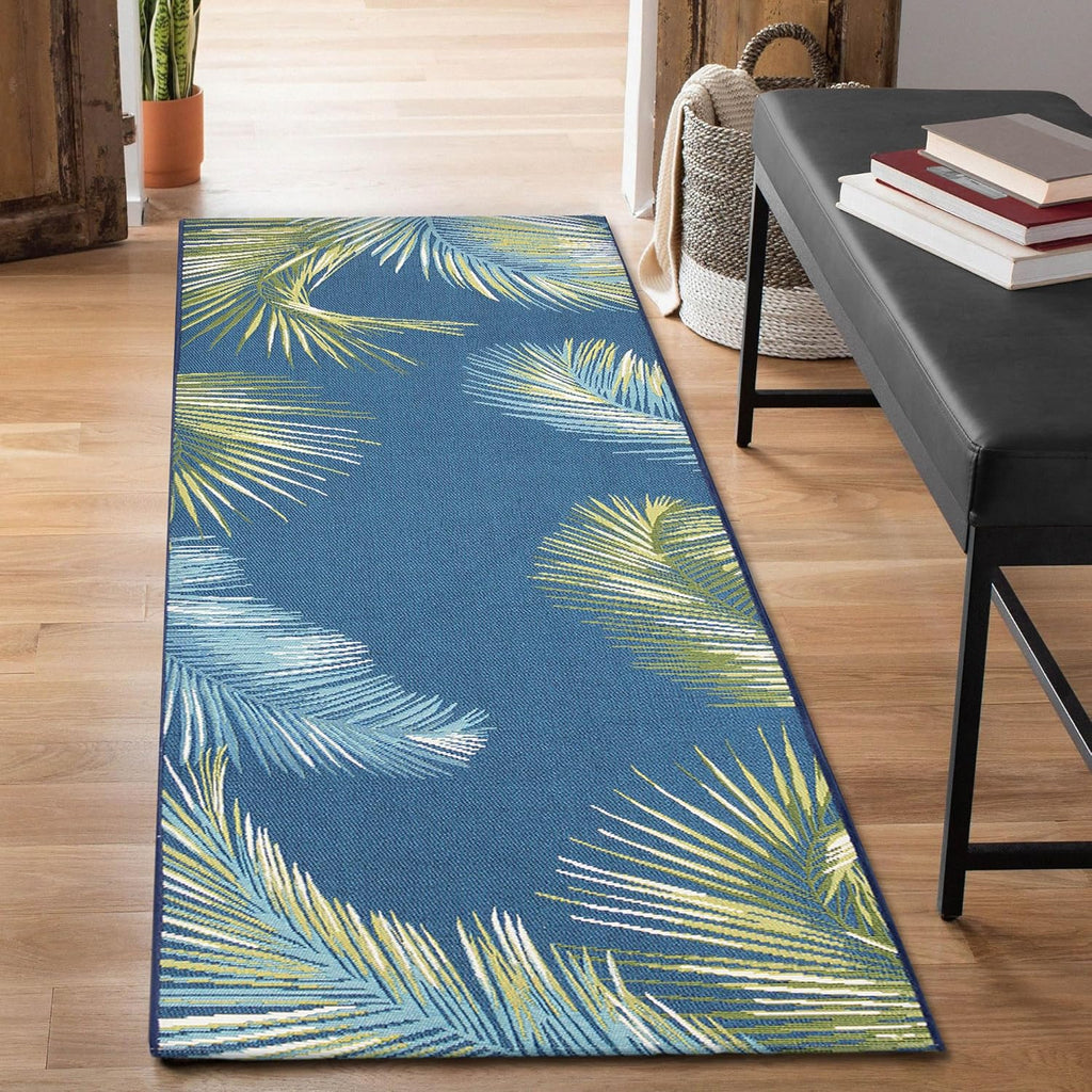Liora Manne Marina Indoor/Outdoor Power Loomed Synthetic Blend Low Profile Area Rug - Transitional Border Botanical Beach Colorful (Palm Border Navy) (1'11" x 7'6")