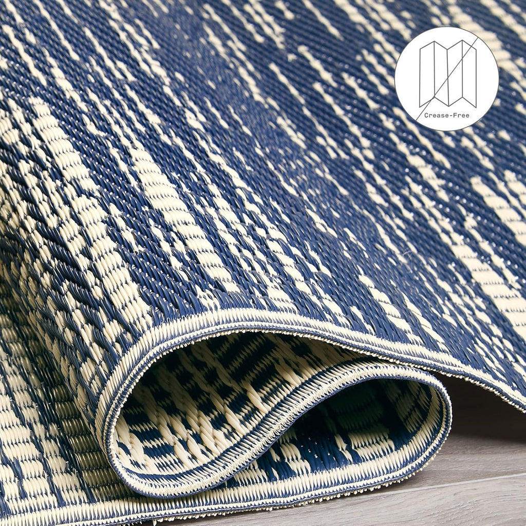Fab Habitat Abstract Distressed Stripes Outdoor Rug - Waterproof, Fade Resistant, Crease-Free, Reversible - Premium Recycled Plastic - Patio Porch Balcony Deck - Brooklyn Blue - 8x10 ft