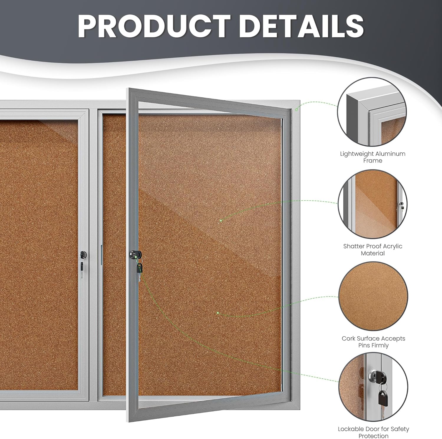 48"x36" Lockable Enclosed Bulletin Board, Outdoor Cork Weather-Resistant Aluminum Frame Notice Board, Wall Mounted Display Case Acrylic Doors for School,Office,Silver Frame w/Cork