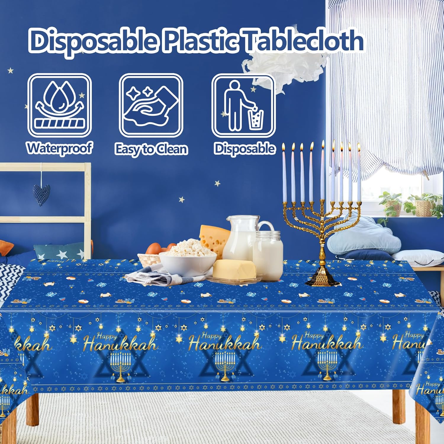 3Pcs Hanukkah Tablecloth Rectangle Plastic Jewish Chanukah Party Table Cover Hanukkah Theme Decorations for Jewish Festival Holiday Party Supplies 54x108 inch
