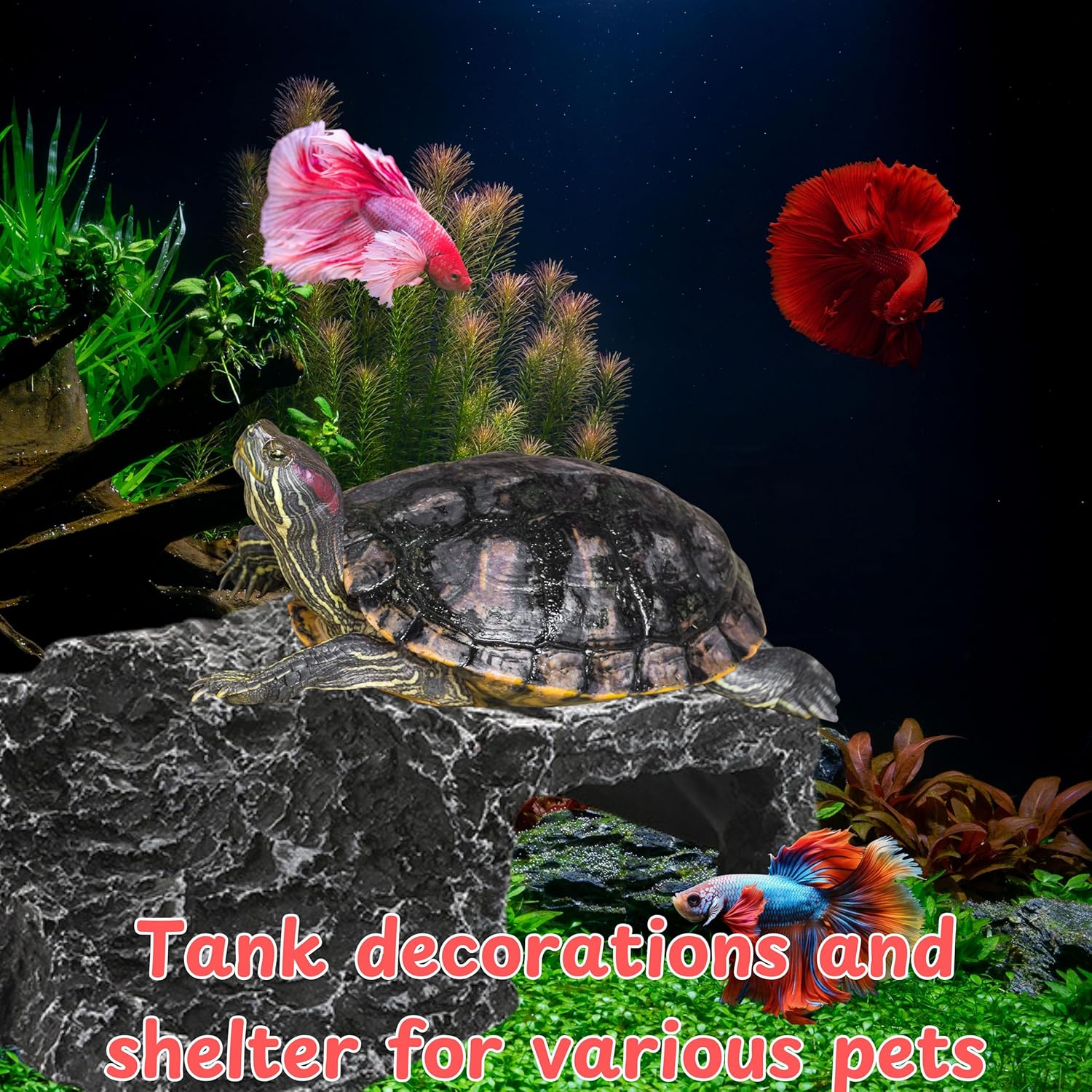 Axolotl Hide with Fish Feeding Dish Set, Axolotl Hideout for Aquariums, Bowl and Aquarium Hides for Axolotls Reptile Tortoise Fish, Hides for Tank, Turtle Tanks Decorations (Rock, M)