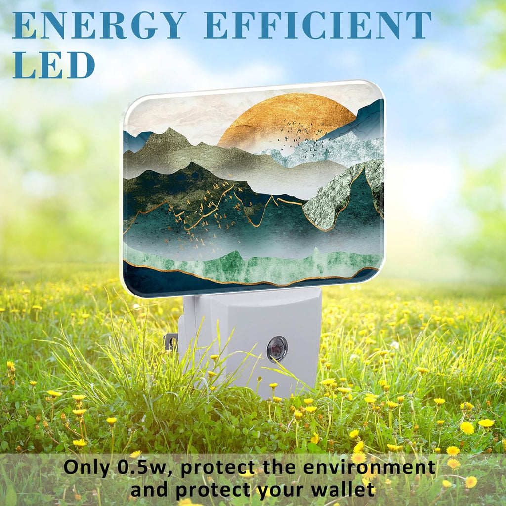 Green Mountains Plug in Night Lights, Golden Sunset Nightlight Plug Into Wall Dusk to Dawn Sensor for Kid Girls Boys Women Men Bedroom, Hallway, Kitchen, Bathroom, Stairs Decor