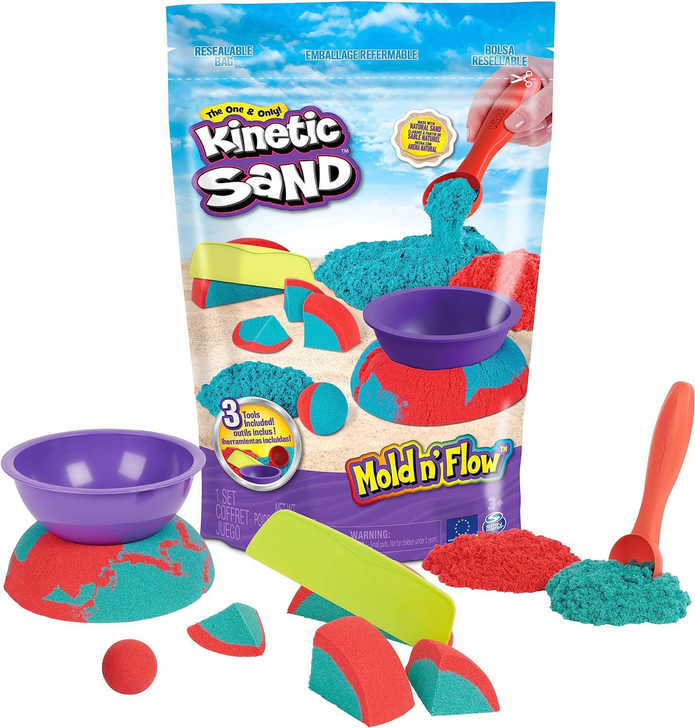 Kinetic Sand Mold n’ Flow with 1.5lbs Red & Teal Play Sand, 3 Tools, Sensory Toys, Holiday Gifts & Stocking Stuffers for Kids Ages 3 and up