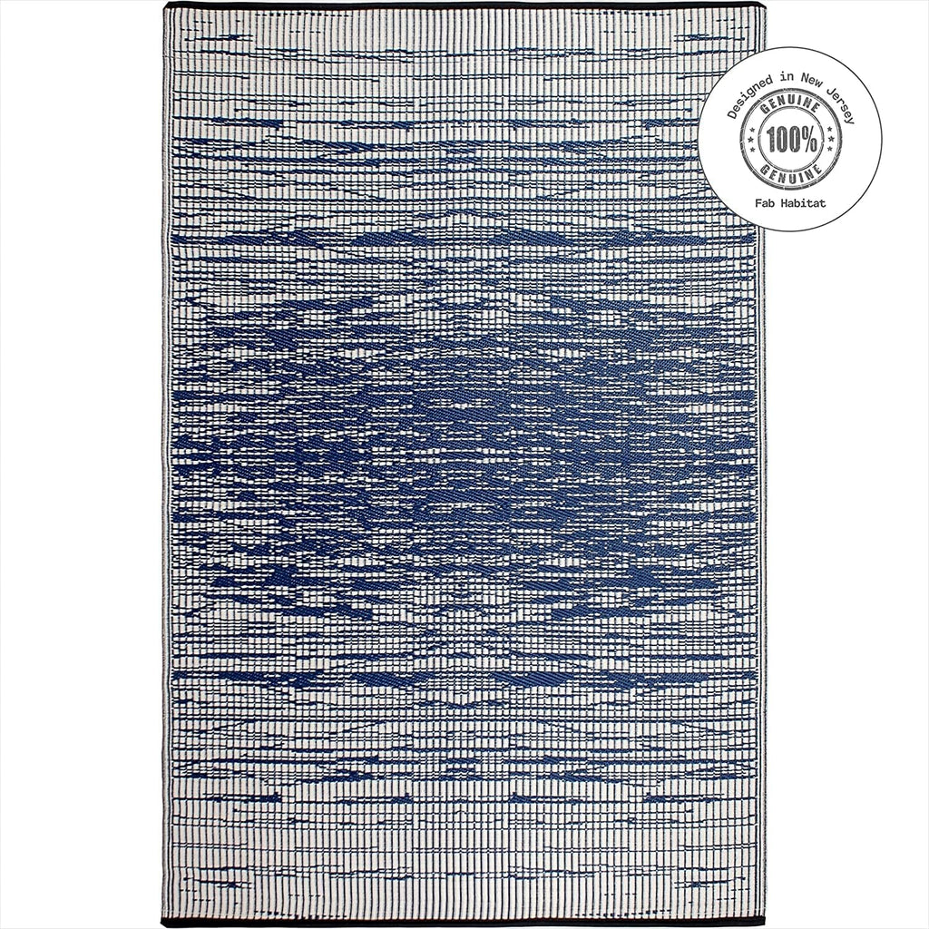 Fab Habitat Outdoor Rug - Waterproof, Fade Resistant, Crease-Free - Premium Recycled Plastic - Distressed Abstract Stripes - Patio, Deck, Porch, Balcony, Laundry Room - Brooklyn - Blue - 4 x 6 ft