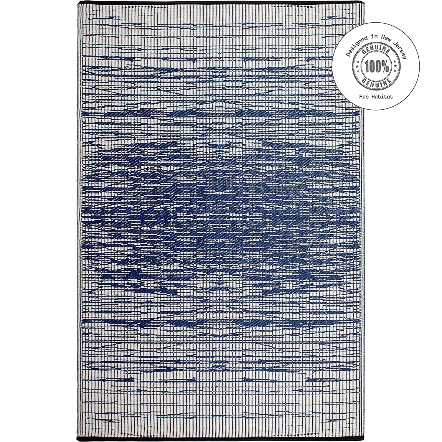 Fab Habitat Outdoor Rug - Waterproof, Fade Resistant, Crease-Free - Premium Recycled Plastic - Distressed Abstract Stripes - Large Patio, Deck, Sunroom, Camping, RV - Brooklyn - Blue - 6 x 9 ft
