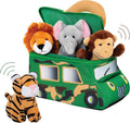 Bundaloo Plush Jungle Animals Set with Realistic Sound - Soft Stuffed Animal Toys with Safari Truck Carrier - Mini Tiger, Lion, Monkey, and Elephant