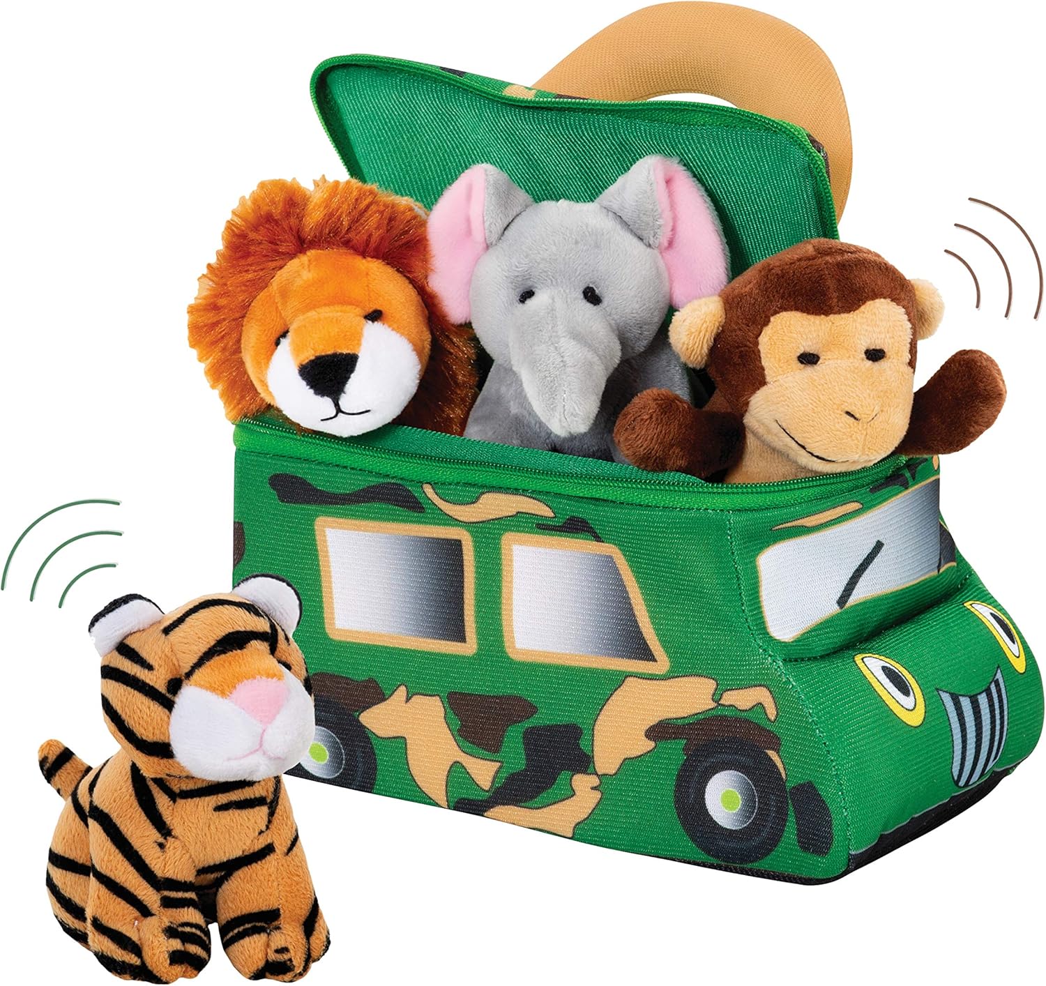 Bundaloo Plush Jungle Animals Set with Realistic Sound - Soft Stuffed Animal Toys with Safari Truck Carrier - Mini Tiger, Lion, Monkey, and Elephant