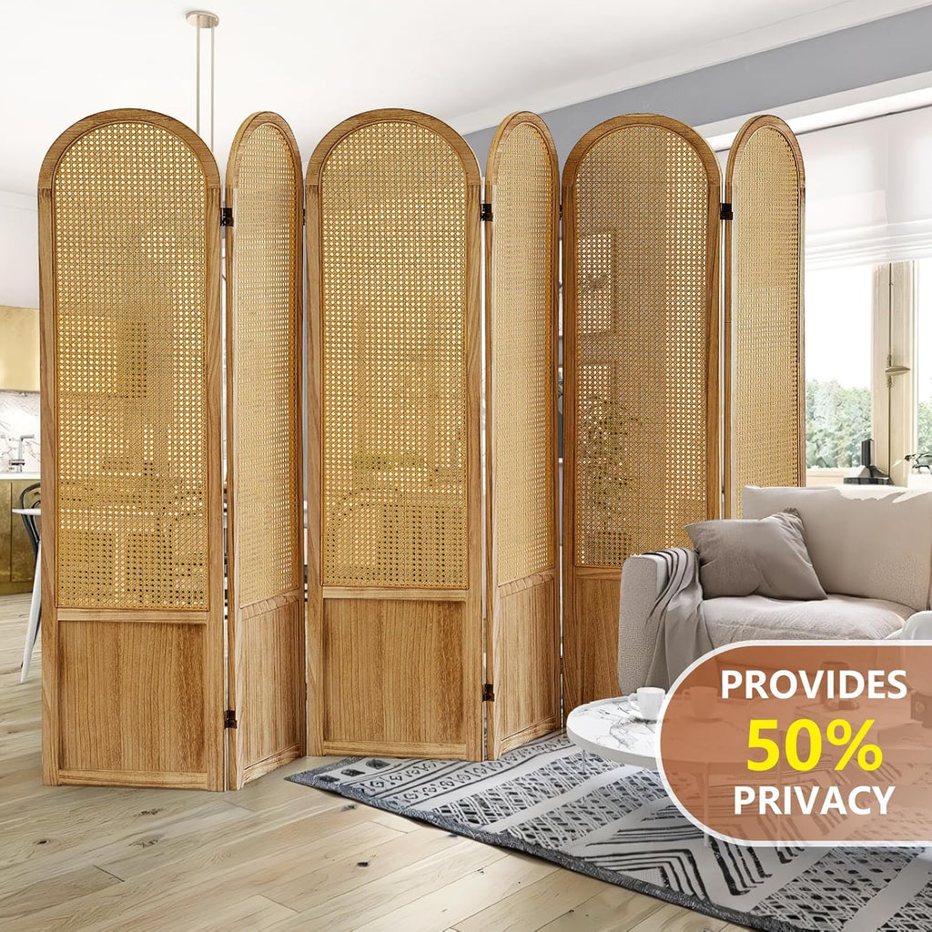 6 Panel Room Divider and Folding Privacy Screen, 5.6 Ft Foldable Double Hinged Rattan Partition, Hand-Woven Rattan Room Divider Portable Wood Freestanding Wall Divider for Room Separation - Natural