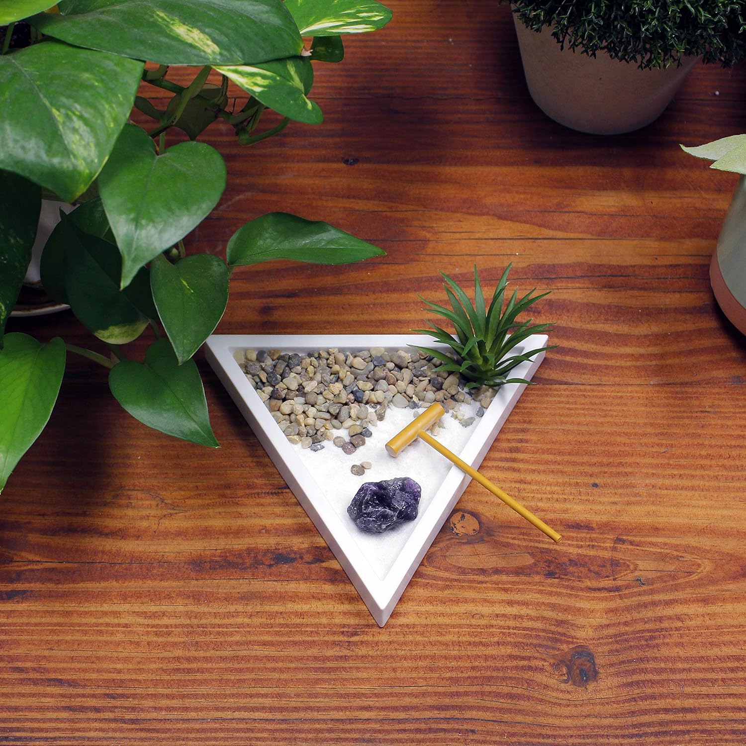 Nature's Mark Mini Zen Garden Kit with White Sand, Rake, White Base, Salt Rock and Air Plant (Triangle)