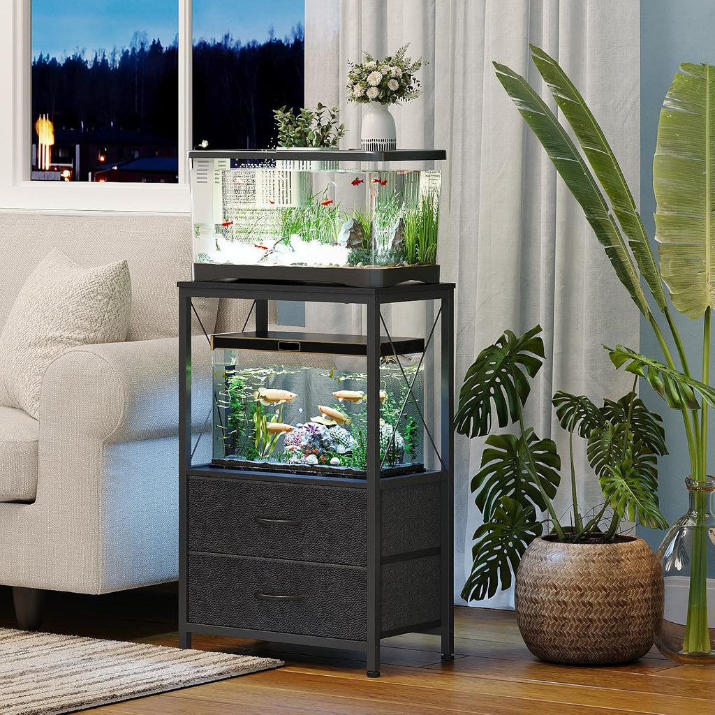 Aquarium Stand 10 Gallon with 2-Tier Shelf, Fish Tanks Stand with 2 Drawers, Metal Frame Heavy Duty Reptile/Turtle Tank Stand for Home Office, Fish Tanks Accessories Storage, Black