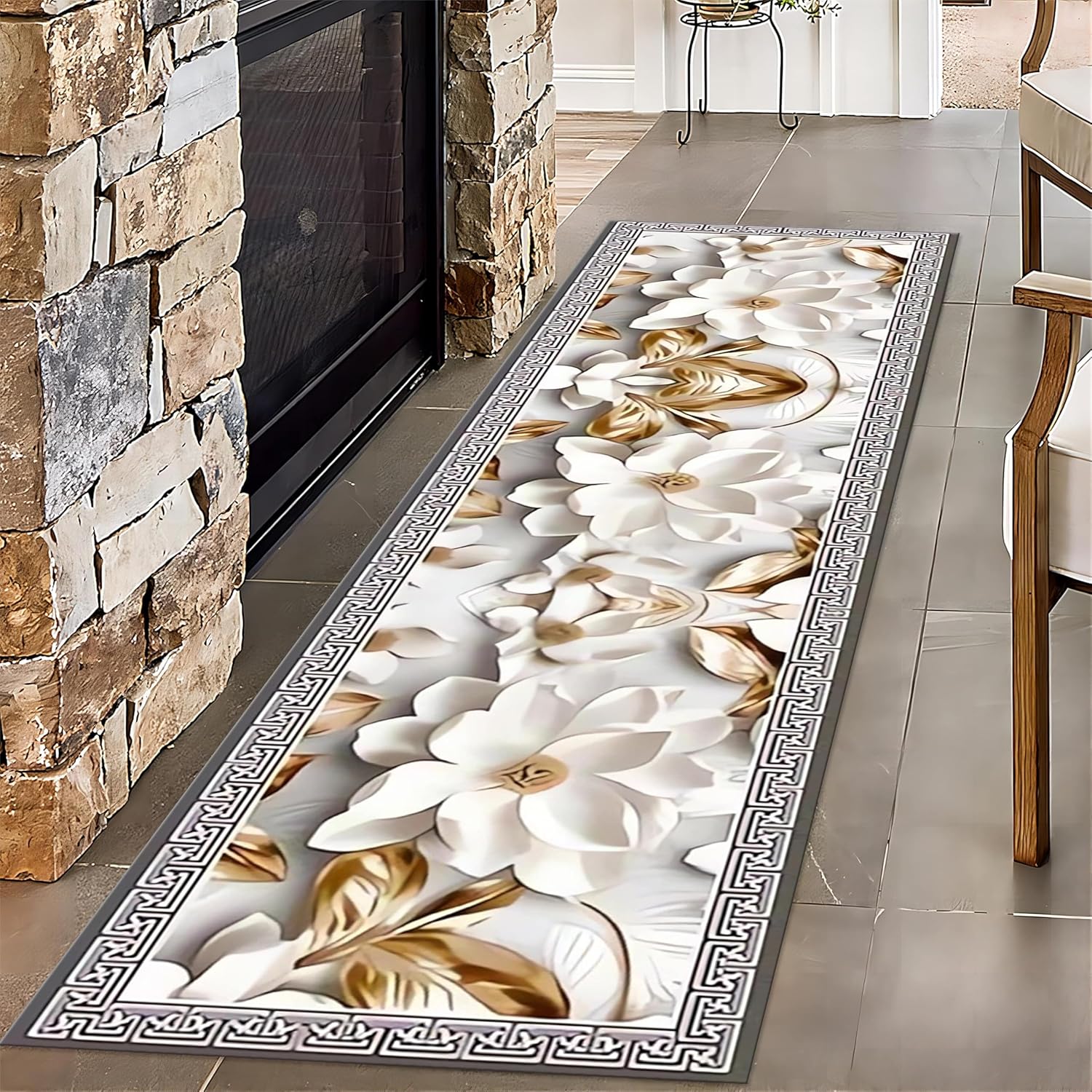 Luxury Flower Hallway Runner Rug, 2x6ft, Modern Platinum Flower Runner for Entryway, Printed Fade Resistant Accent Rug, Foldable No Crease Pet Friendly Carpet for Nursery Porch Bedroom