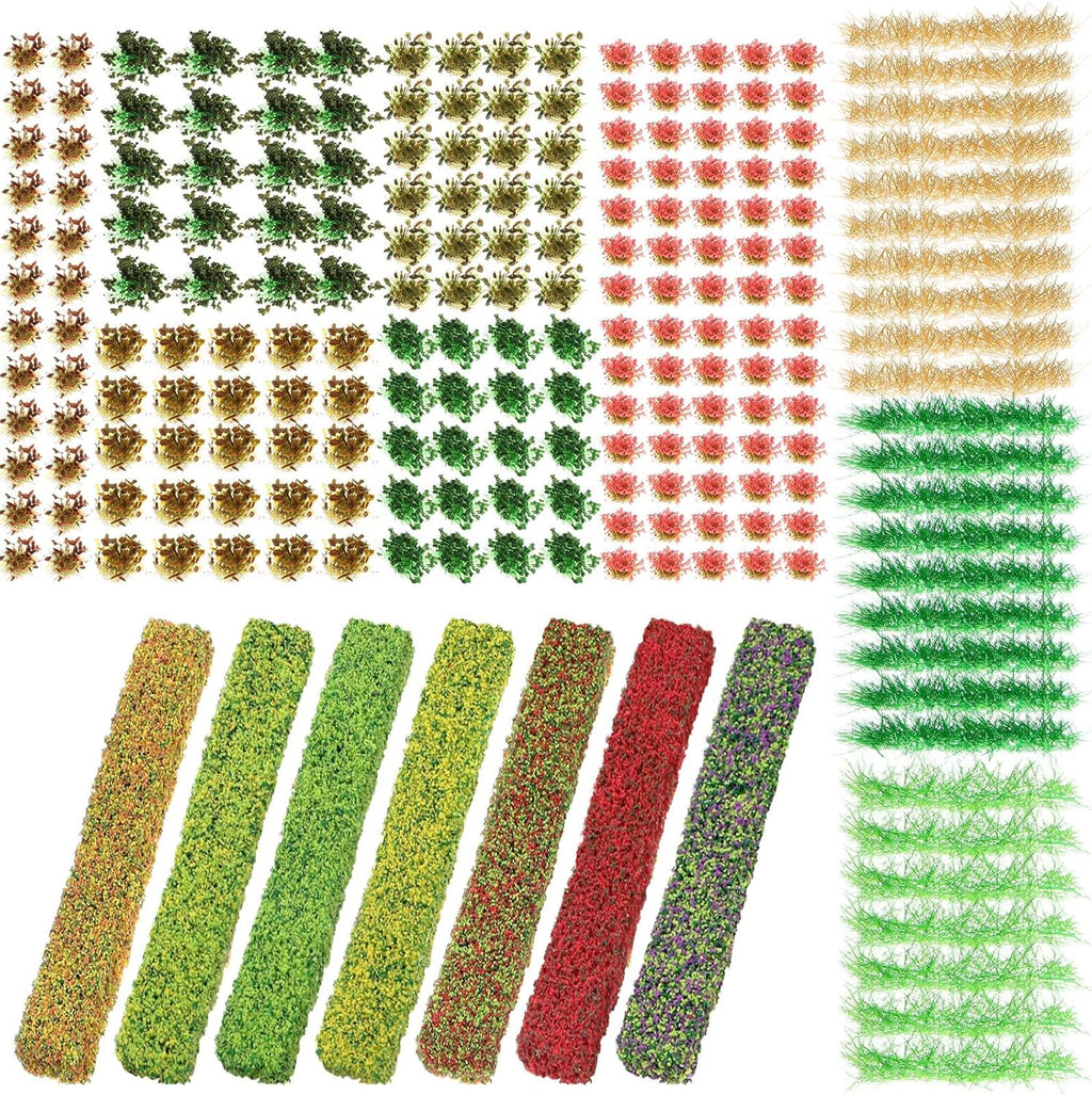 Redbaker 288 Pcs Static Grass Tuft Flower Cluster Vegetation Groups Self Adhesive Artificial Model Grass Tufts DIY Miniature Colorful Flower for Terrain Railway Scenery Table Landscape (Mixed Style)
