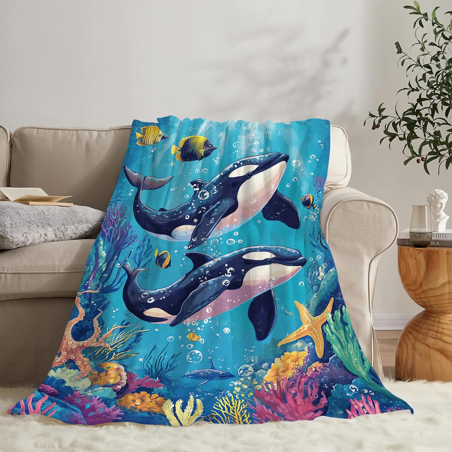 Whale Throw Blanket Ocean Whale Stuff Gifts for Kids Girls Boys Adults Women Man Soft Cozy Warm Plush Fluffy Fuzzy Fleece Blanket Decor 60''X80''