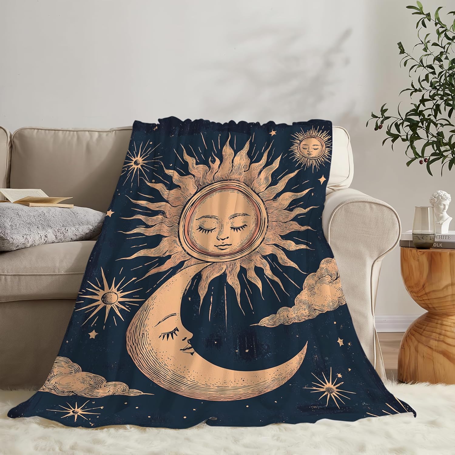Sun and Moon Throw Blanket Celestial Hippie Sun and Moon Stuff Gifts for Kids Girls Boys Adults Women Man Soft Cozy Warm Plush Fluffy Fuzzy Fleece Blanket Decor 60''X80''