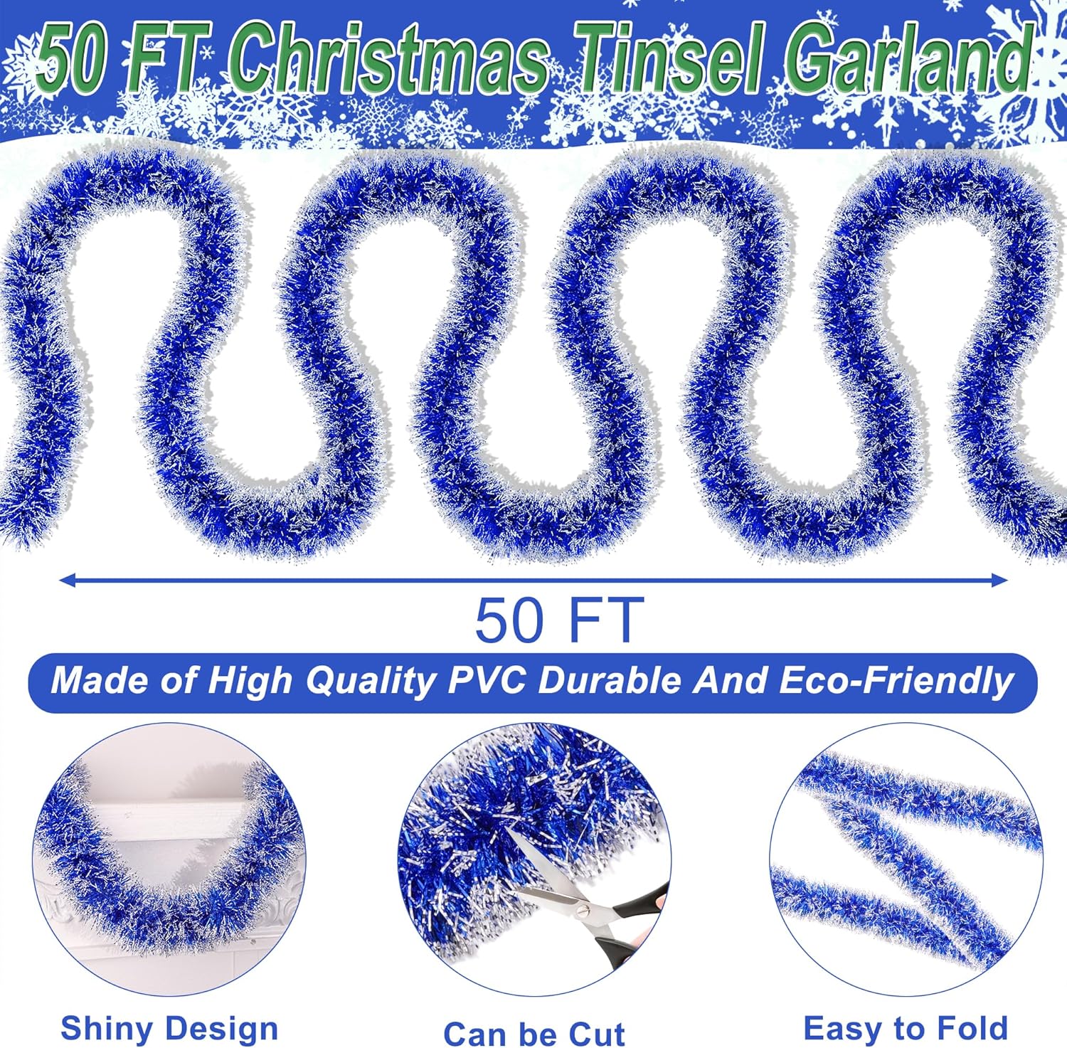 50 Feet Blue White Christmas Tinsel Garland Christmas Decorations, Thick Metallic Twist Shiny Hanging Tinsel Garlands for Xmas Tree Decor Stairs Mantle Fireplace Home Indoor Holiday Party Supplies