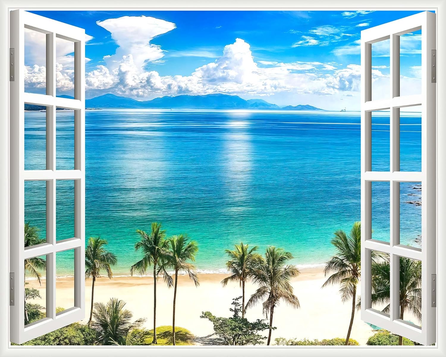 10x10ft Summer Beach Window Backdrop, Hawaii Tropical Island Palm Leaves Ocean Photography Backdrop, Wedding Pictures Birthday Party Backdrop Photo Booth Props
