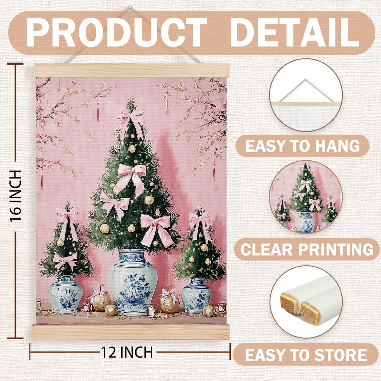 FDHSPAAM Pink Chinoiserie Christmas Tree Wall Art Decor, Pink Christmas Decor, Trendy Holiday Grandmillennial Preppy Bow Tree Wall Art Posters for Home Bedroom Living Room, 12x16 Inch