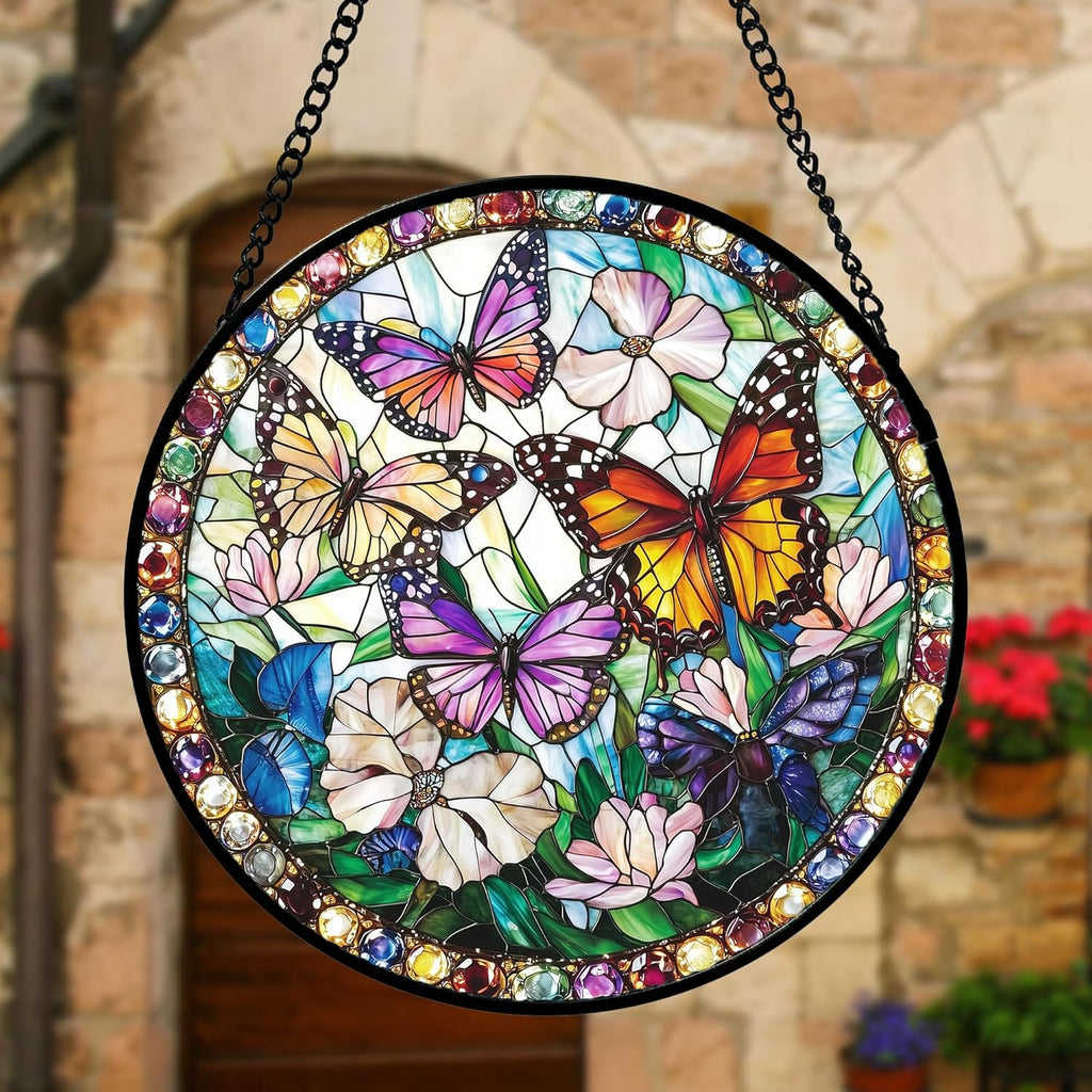Stained Glass Window Hanging, Colorful Butterfly Suncatcher for Doors Home Sun Catchers Decoration and Christmas, Mother's Day Birthday Gifts for Women, Men, and Mom 11.8x11.8 in
