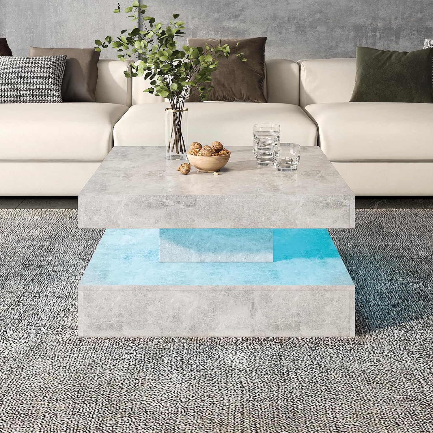 Grey LED Coffee Table for Living Room, Living Room Table 2-Tier Square Middle Center Table, Modern Coffee Tables with Storage, Contemporary Wood Tea Tables for Dining Reception