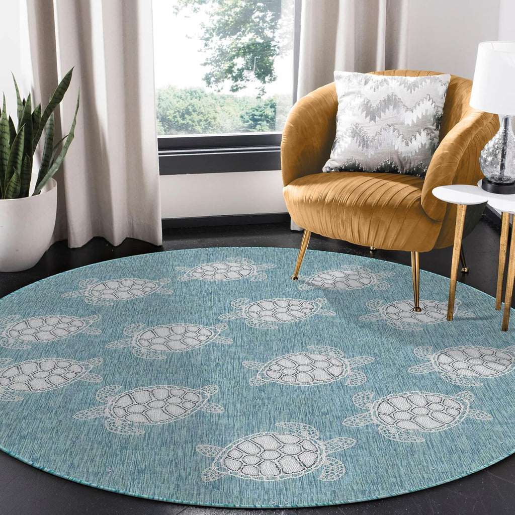 Liora Manne CARMEL Indoor/Outdoor Power Loomed Synthetic Blend Low Profile Area Rug - Transitional Coastal Turtle Decorative (Seaturtles Aqua) (7'10" Round)