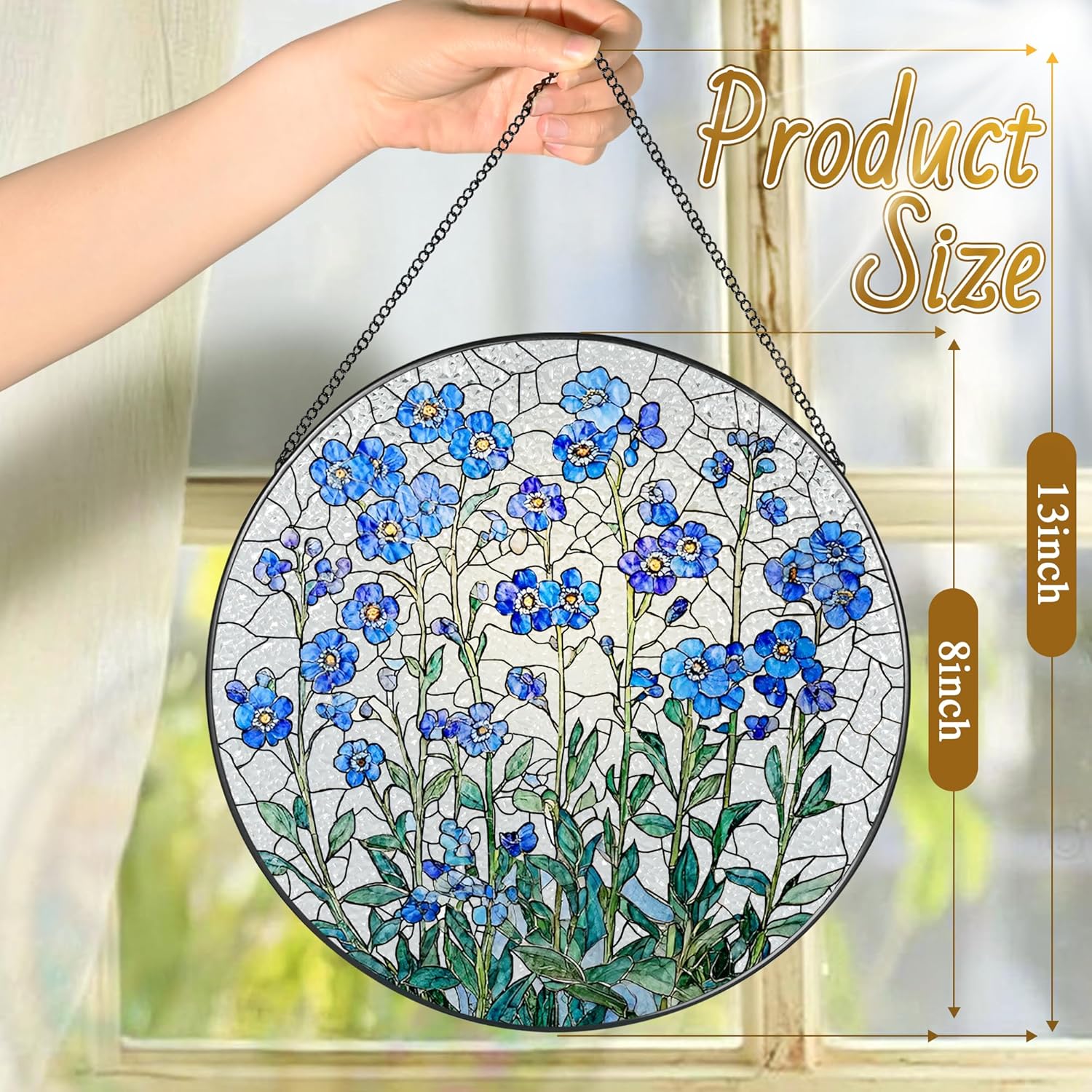 8 Inch Stained Glass Window Hanging, Forget Me Not Flower Stained Glass Suncatcher, Window Decor, Plant Lover Gift for Women, Forget Me Not Gifts for Couples, Best Friend, Family, Colleague, Classmate