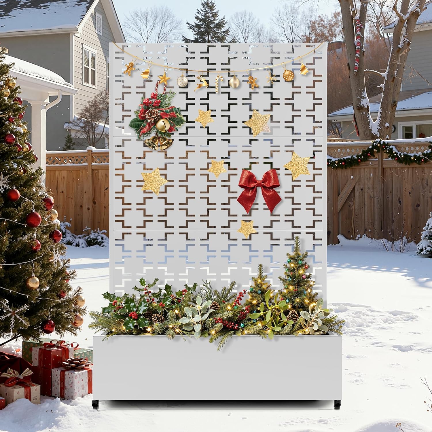 FENCY Metal Raised Garden Bed with Wheels and Trellis,73"x47"x16" Planter Box for Climbing Plants, Vegetables & Vines, Features Privacy Screen and Drainage Holes (White-Square)