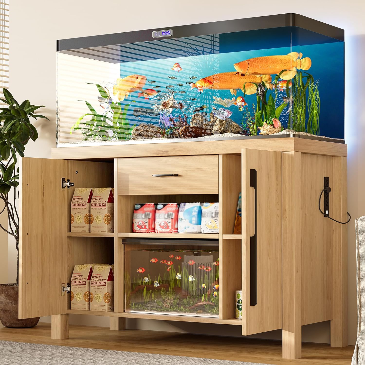 55-75 Gallon Fish Tank Stand with Power Outlet, 880LBS Modern Wood Aquarium Stand with Storage Cabinet and Drawer, Heavy Duty Reptile Turtle Tank, Natural Wood