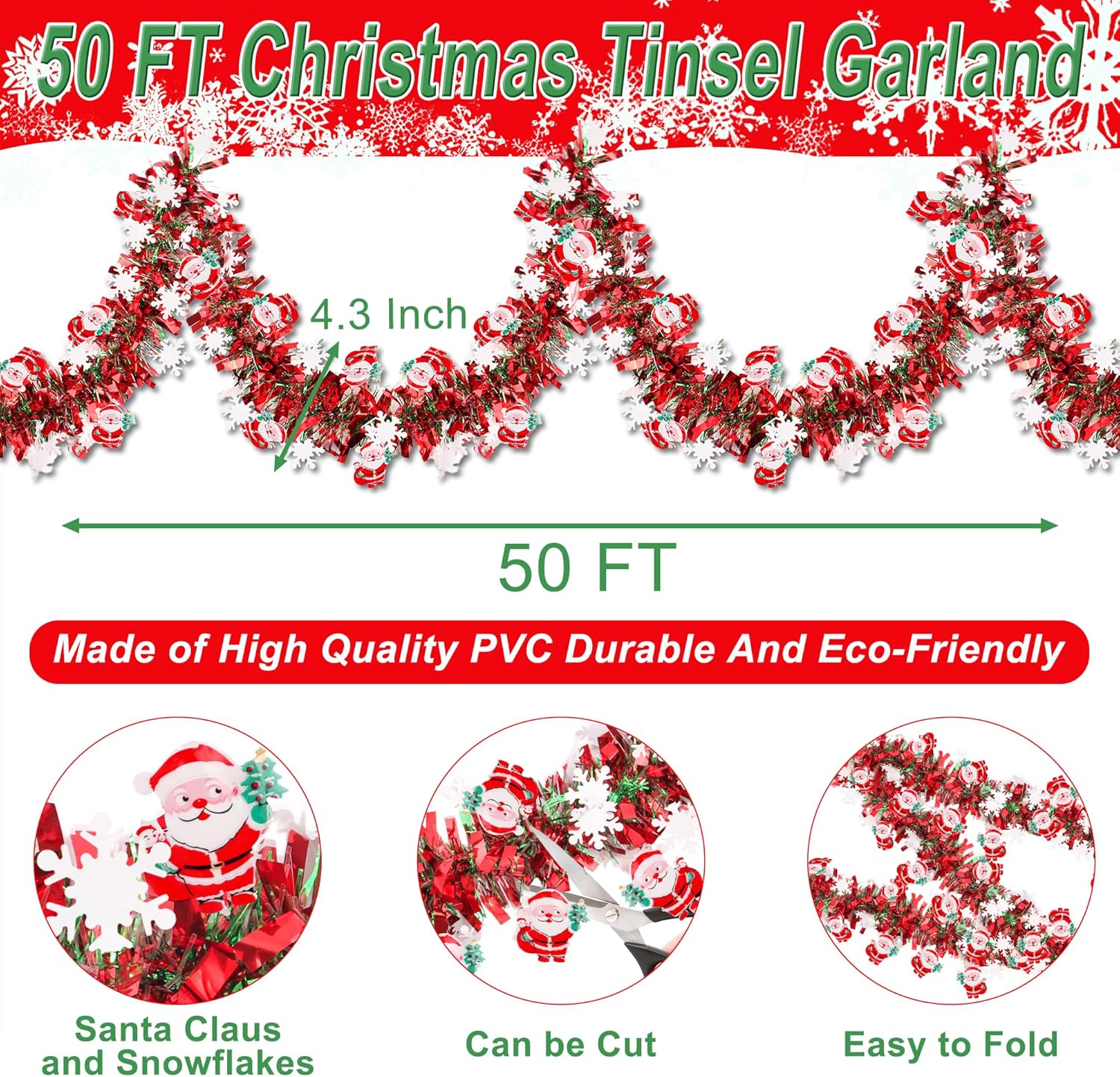 50 FT Christmas Tinsel Garland Christmas Decorations with Santa Claus & Snowflake Red Green Shiny Metallic Twist Christmas Garland for Xmas Tree Home Mantle Stairs Indoor Outdoor Holiday Party Decor