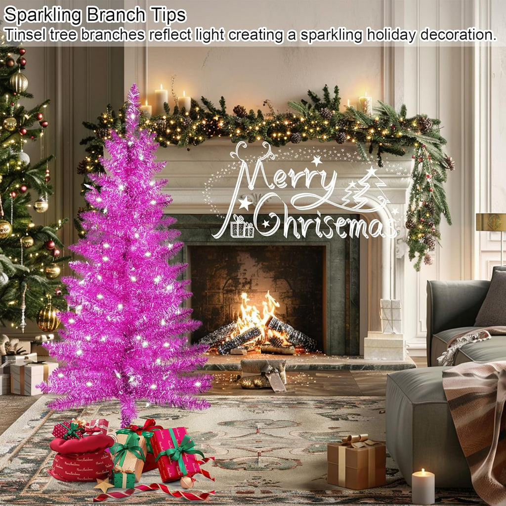 4ft Artificial Full Pink Christmas Tree with Separate Lights, Not Pre-lit Mini Pink Tinsel Pine Christmas Tree, 50 Lights, Small Xmas Tree for Home, Office, Party Decoration, Indoor