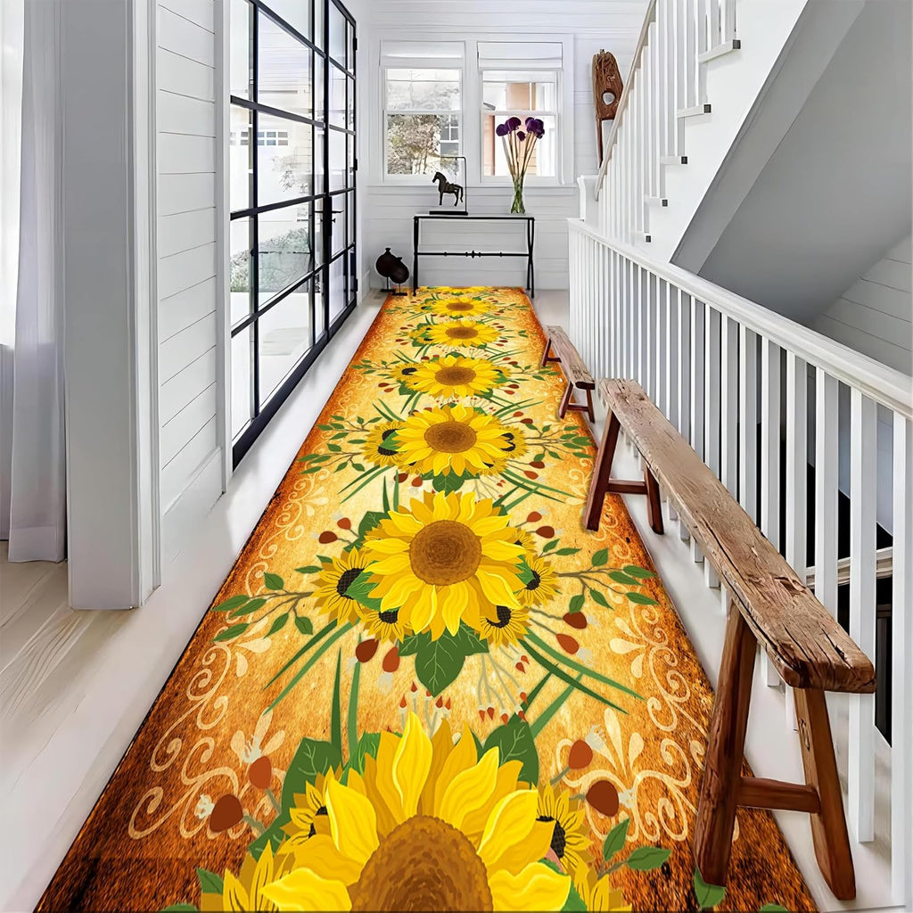 Vintage Sunflower Runner Rug, 4x12ft, Yellow Watercolor Bouquet Art Runner for Entryway, with Non Slip Backing Washable Area Rug, Durable Anti-Skid Rubber Backed Playing Mat for Indoor