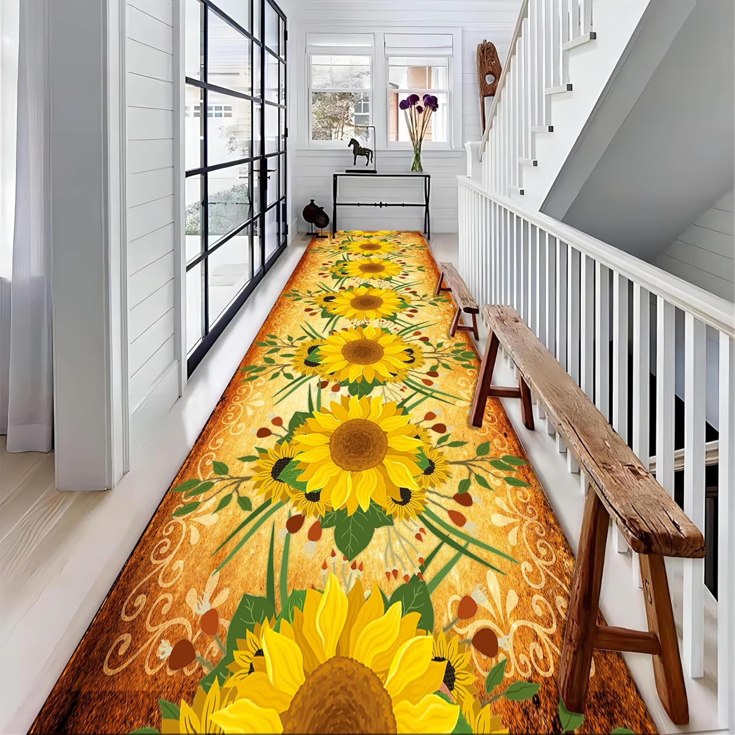 Vintage Sunflower Runner Rug, 4x10ft, Yellow Watercolor Bouquet Art Runner for Entryway, with Non Slip Backing Washable Area Rug, Durable Anti-Skid Rubber Backed Playing Mat for Indoor