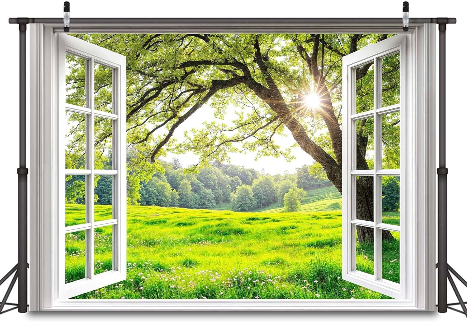 5 x 3 ft Spring Tree Window Backdrop Sunshine White Windowsill Floral Scenery Photography Background Forest Green Grass Natural Newborn Birthday Party Banner Decorations