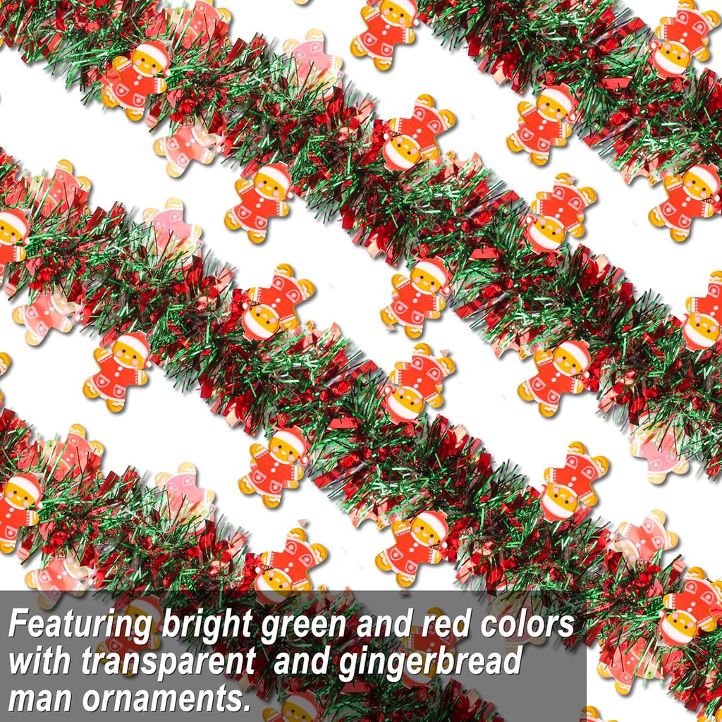 50 FT Christmas Tinsel Garland Christmas Decorations with Gingerbread Man Ornament, Red Green Shiny Metallic Twist Christmas Garland for Xmas Tree Home Mantle Stairs Indoor Outdoor Holiday Party Decor