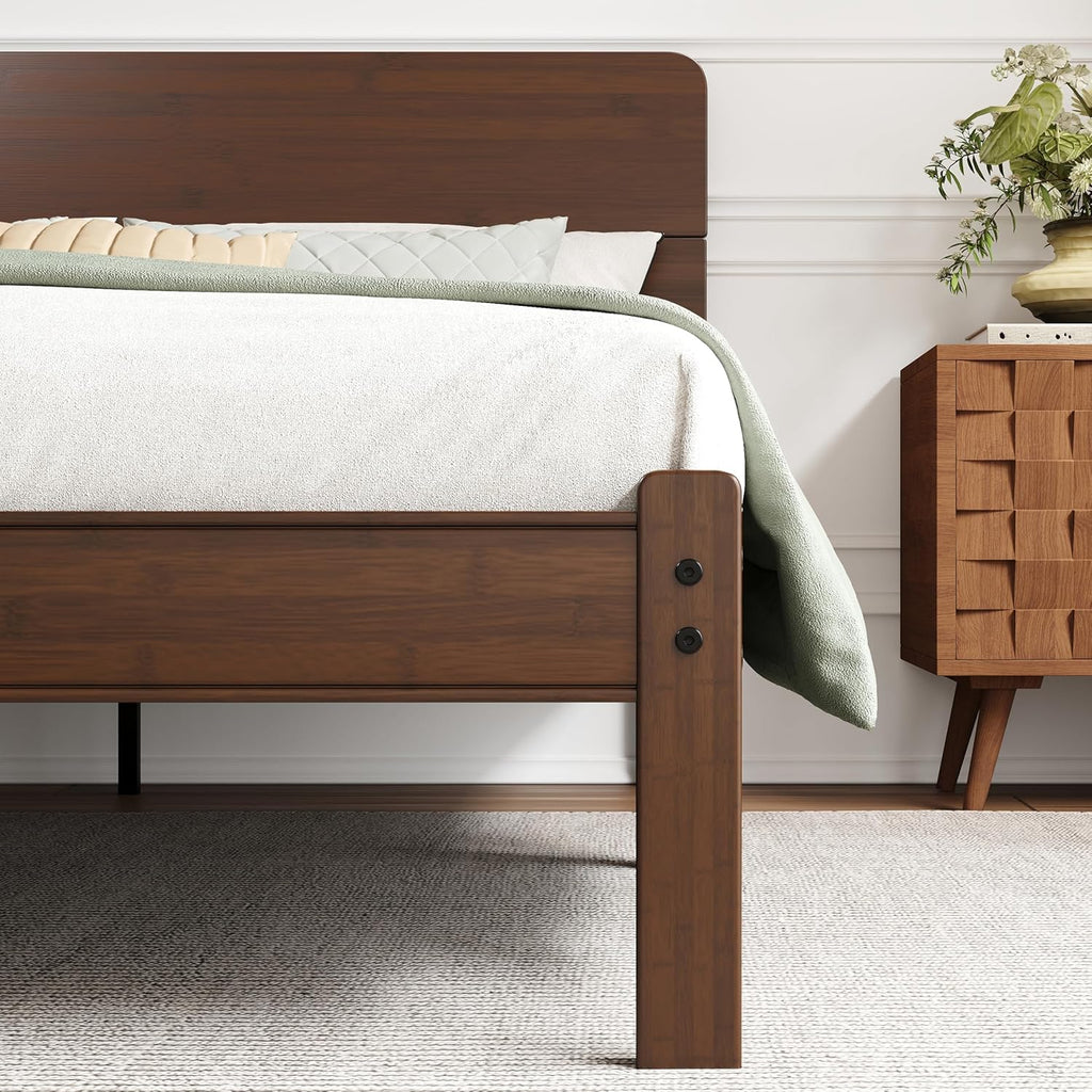14in High Solid Bamboo Wood Platform Twin XL Bed Frame with Headboard, Reinforced Heavy Duty Metal Slats, Noise Free, No Box Spring Needed, Easy Assembly, Walnut