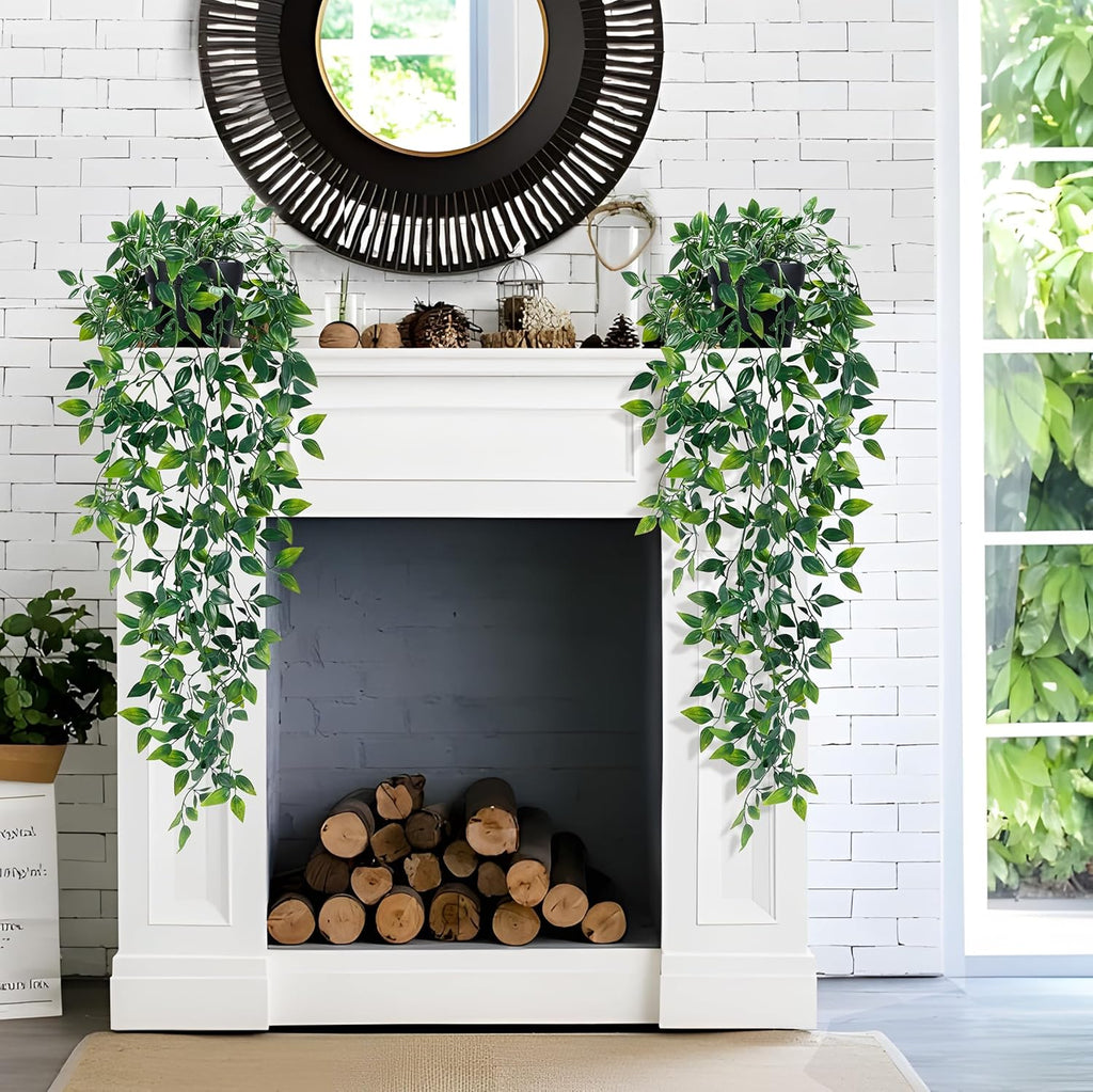 Waipfaru 2Pcs Fake Hanging Plants with Pot Deep Green Eucalyptus Leaves UV Resistant Fake Vines Ivy Artificial Plants Outdoor Faux Plants Indoor Bedroom Living Room Boho Wall Porch Shelf Decor