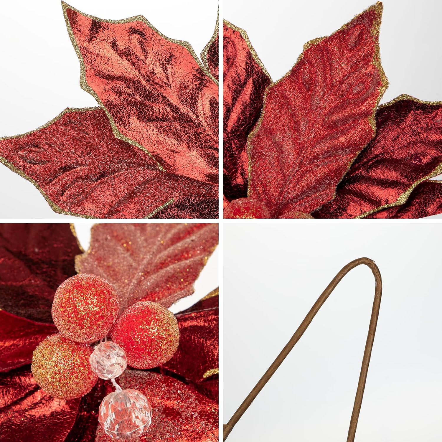 Hollyone 3PCS Poinsettia Christmas Flowers Artificial 11" Large Red Glitter Poinsettia Flowers Christmas Tree Ornaments Floral Picks for Tree Wreath Garland Vase Table Centerpiece Home Decor
