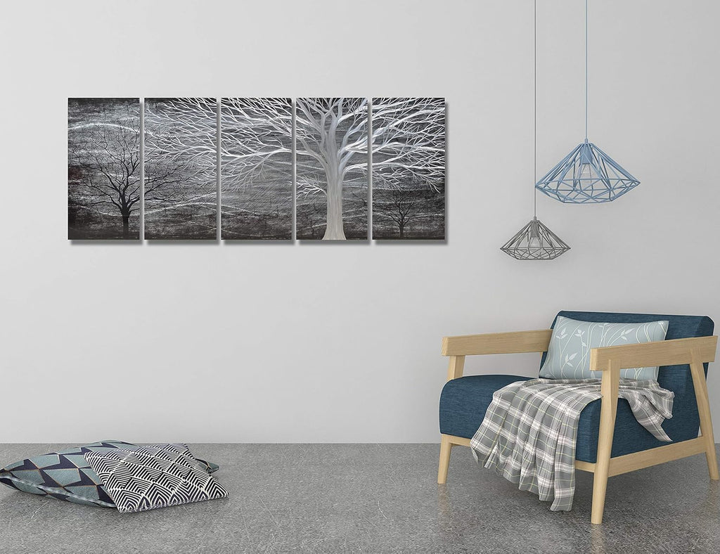 BATRENDY ARTS Black and Silver Tree Metal Art Hand-polished Wall Decor 3D Modern Home Accent for Bedroom Decoration 5 Panels Hanging Scuplture