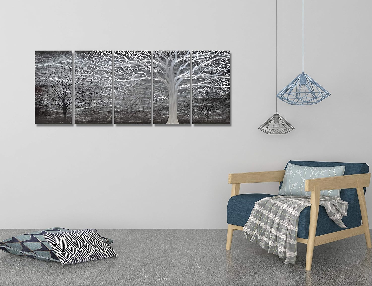 BATRENDY ARTS Black and Silver Tree Metal Art Hand-polished Wall Decor 3D Modern Home Accent for Bedroom Decoration 5 Panels Hanging Scuplture