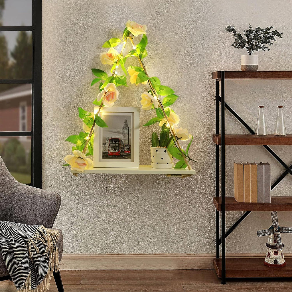 Shelf for Wall,Floating Shelves,Floating Shelves for Wall No Drilling,Adhesive Shelves,Command Strip Shelf,Room Decor Aesthetic,Fake Books Decor,Christma Decorations,2-Piece Set(Champagne flowers)