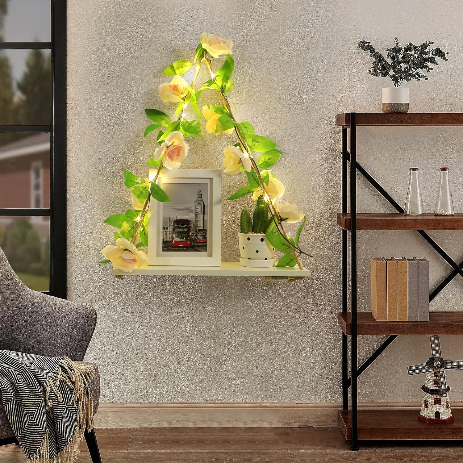 Shelf for Wall,Floating Shelves,Floating Shelves for Wall No Drilling,Adhesive Shelves,Command Strip Shelf,Room Decor Aesthetic,Fake Books Decor,Christma Decorations,2-Piece Set(Champagne flowers)