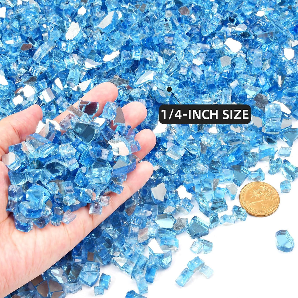GasSaf 1/4 Inch Fire Glass Reflective Tempered Fireglass Cut Crushed FireGlass for Fire Pit, Fireplace, Replaces Existing Gas Logs & Lava Rocks (10 Pound)(Pacific Blue Reflective)