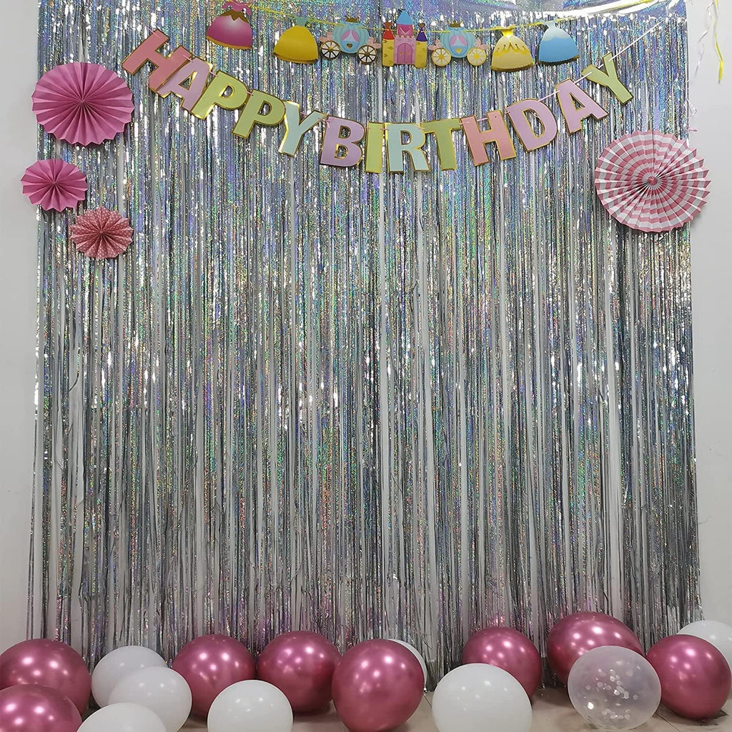 BRAVESHINE Silver Streamers Party Backdrop - 2Pcs 3.2x8.2ft Tinsel Foil Fringe Curtain for Christmas/New Years/Birthdays/Bachelorette/Anniversary/Engagement/Dance Ball/Winter’s Snowflake Decorations