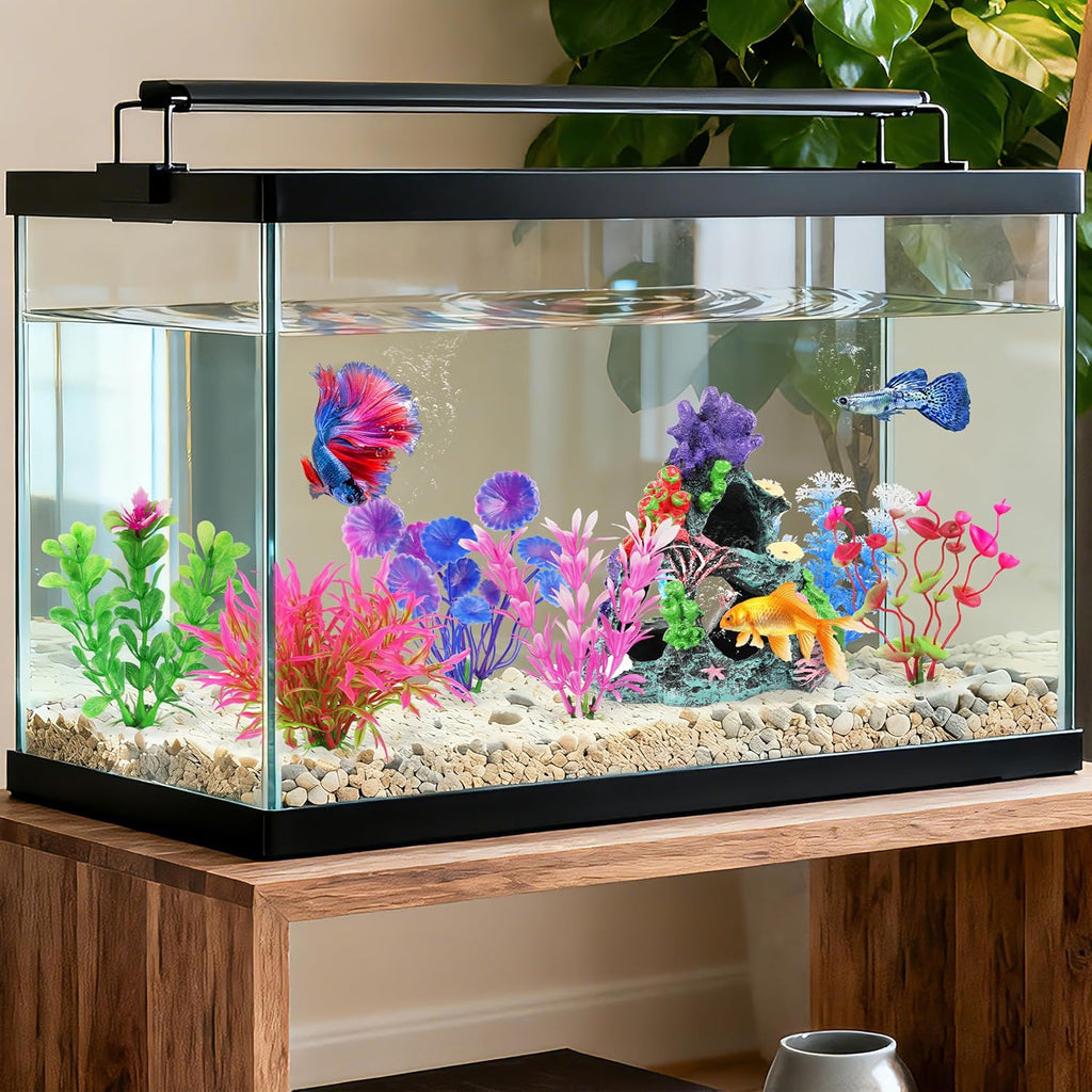 MyLifeUNIT Fish Tank Plants, 7 Pieces Colorful Aquarium Plants and Coral Reef Set for Fish Tank Decoration, Mountain Cave Ornament for Betta, Goldfish to Breed, Play and Rest