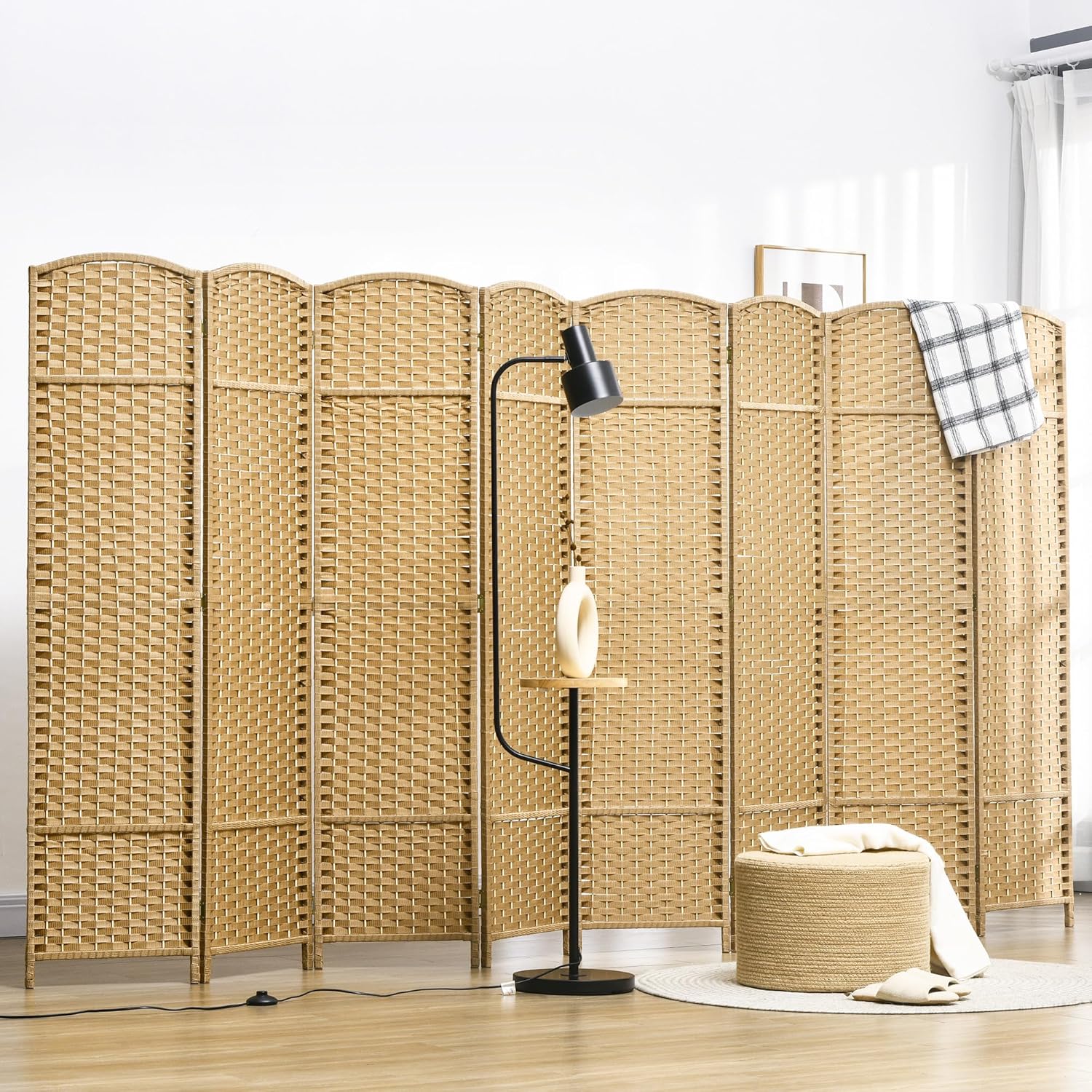 HOMCOM Room Divider, 8 Panel Folding Privacy Screen, 5.6' Tall Freestanding Wall Partition for Home Office, Bedroom, Nature Wood