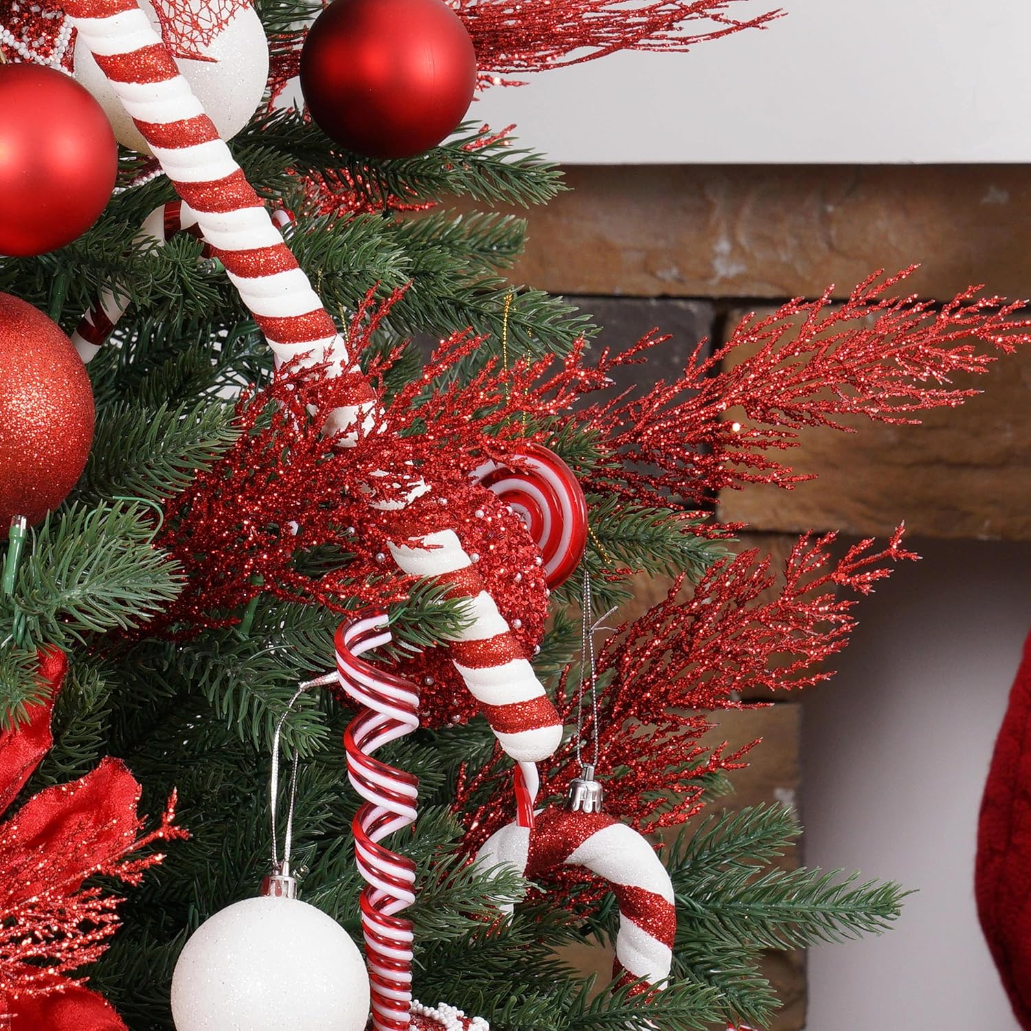 Christmas Glitter Twigs 24pcs Artificial Pine Tree Picks for Christmas Tree Ornaments fillers, DIY Xmas Wreath, Crafts, Garland, Holiday, Party, Wedding and Home Decoration (Red)