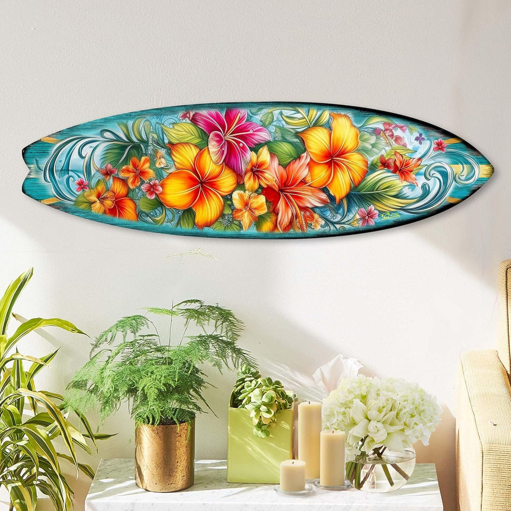 24-inch Hawaiian Flowers Surfboard Wall Art, Handcrafted Coastal Holiday Décor by G. Debrekht