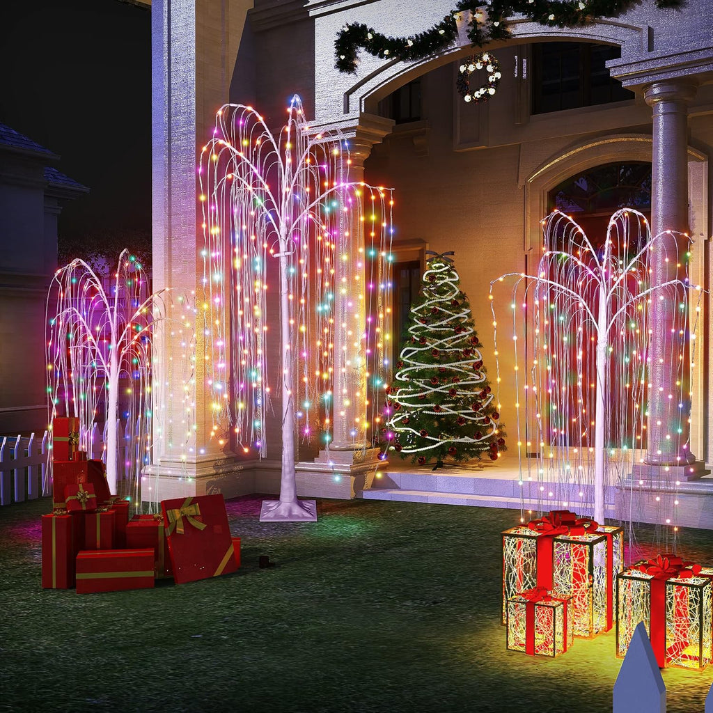 Lamerge 3pcs Lighted Willow Tree Decorations,4FT+5FT+6FT Colorful Birch Tree RGB LED Trees with Remote,Weeping Willow Tree Indoor/Outdoor Lighted Christmas Tree Decorations for Yard
