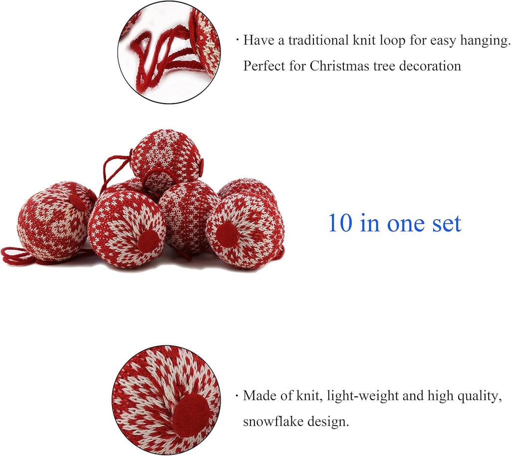 WEWILL 2.75" 10 PCS Red Knitted Sweater Christmas Ball Christmas Tree Ornaments Festival Xmas Party Gifts Decorations Snowflake Pattern