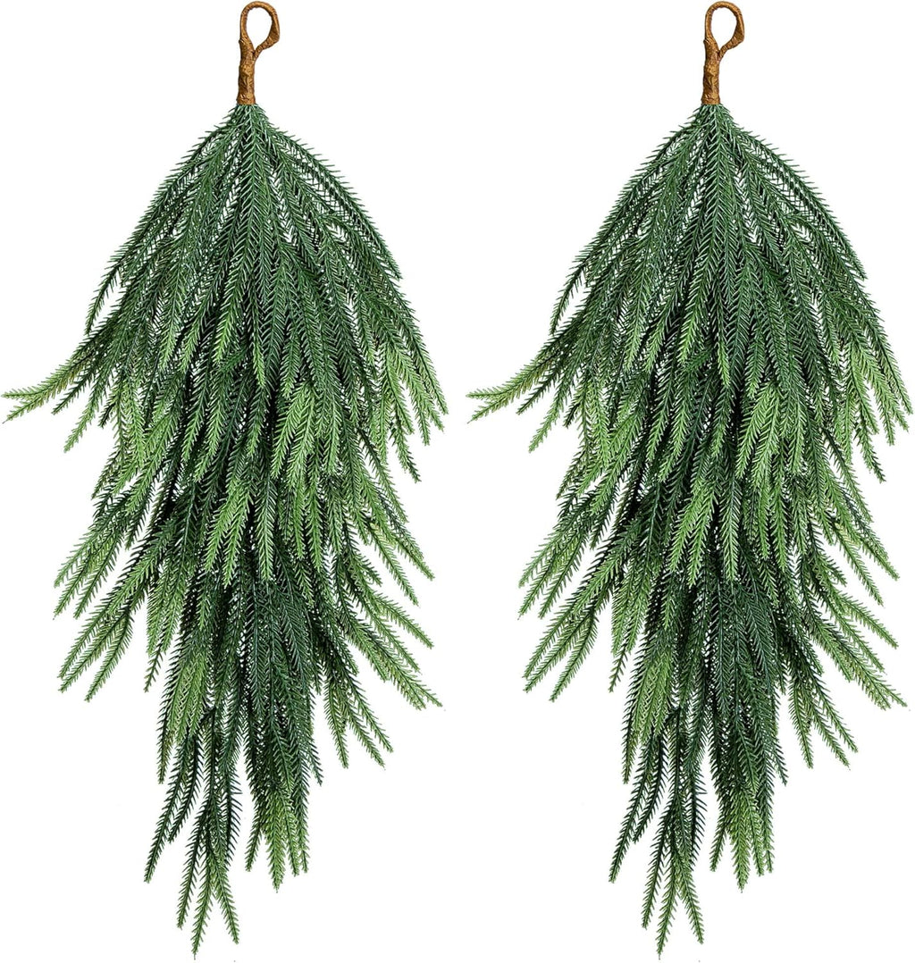 2 Pcs Artificial Christmas Teardrop Swag, 28" Faux Pine Needles Teardrop Door Swag, Christmas Norfolk Greenery Teardrop Wreath for Xmas Holiday Door Table Mantle Fireplace Indoor Outdoor Decor