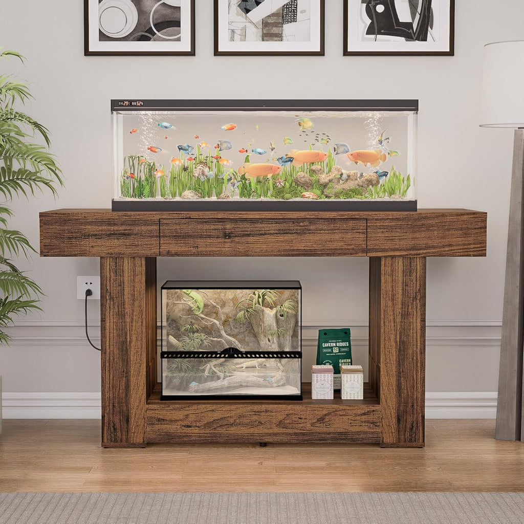 55–75 Gallon Aquarium Stand, Heavy Duty Fish Tank Stand for Turtle, Reptile & Amphibians, MDF Board Tabletop with Drawer & Power Outlet, Reinforced Metal Tube Frame for Terrariums,Rustic Brown